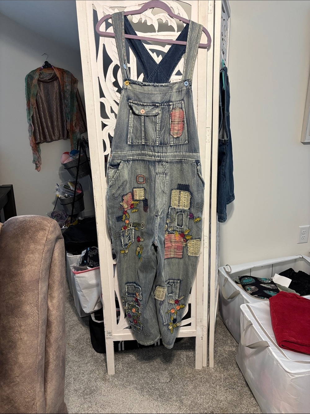 Boho Patchwork Embroidered Denim Overalls - Blue Velvet